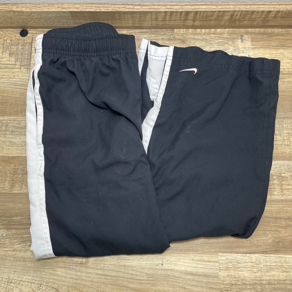 Nike Men Track Pants Black Side Stripe Elastic Waist Swoosh Logo Medium Y2K EUC